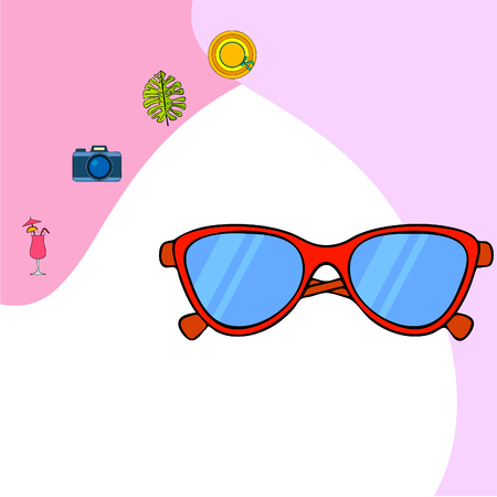 Summer postcard design. Sunglasses, camera, cocktail, leaf of a tropical plant, hat. Vector backgroundのイラスト素材