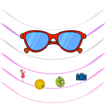 Summer postcard design. Sunglasses, camera, cocktail, leaf of a tropical plant, hat. Vector backgroundのイラスト素材