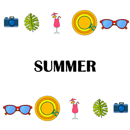 Summer postcard design. Sunglasses, camera, cocktail, leaf of a tropical plant, hat. Vector backgroundのイラスト素材