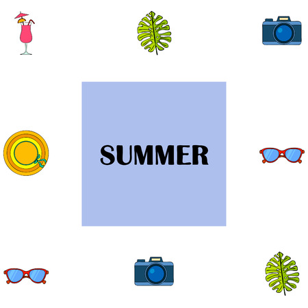 Summer postcard design. Sunglasses, camera, cocktail, leaf of a tropical plant, hat. Vector backgroundのイラスト素材