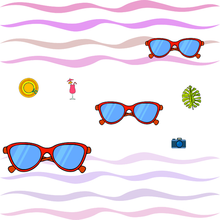 Summer postcard design. Sunglasses, camera, cocktail, leaf of a tropical plant, hat. Vector backgroundのイラスト素材
