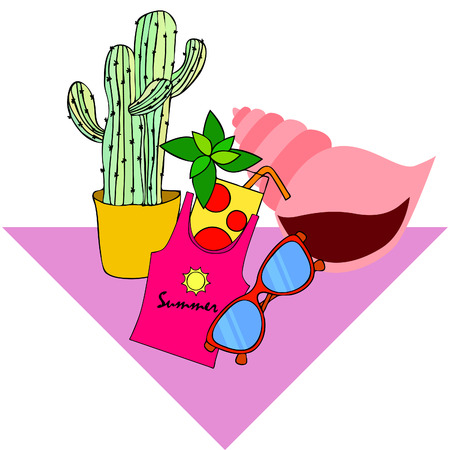Summer card with cactus, sunglasses, seashell, cocktail, T-shirt. Vector background.のイラスト素材