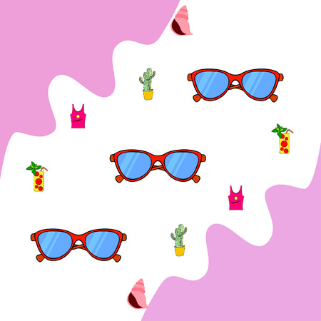Summer card with cactus, sunglasses, seashell, cocktail, T-shirt. Vector background.のイラスト素材