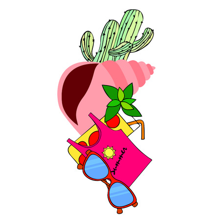 Summer card with cactus, sunglasses, seashell, cocktail, T-shirt. Vector background.のイラスト素材