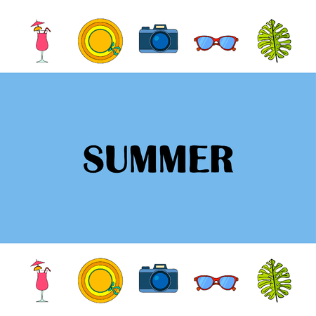 Summer postcard design. Sunglasses, camera, cocktail, leaf of a tropical plant, hat.