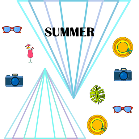 Summer postcard design. Sunglasses, camera, cocktail, leaf of a tropical plant, hat.のイラスト素材