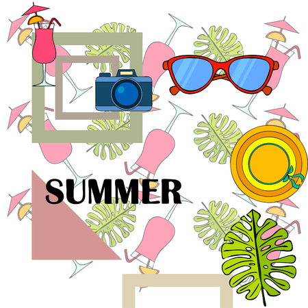 Summer postcard design. Sunglasses, camera, cocktail, leaf of a tropical plant, hat. Vector backgroundのイラスト素材