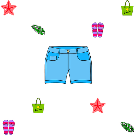 Summer vacation. Beach bag, slippers, shorts, starfish, tropical sheet.のイラスト素材