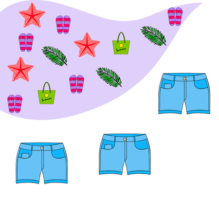 Summer vacation. Beach bag, slippers, shorts, starfish, tropical sheet. Vector backgroundのイラスト素材