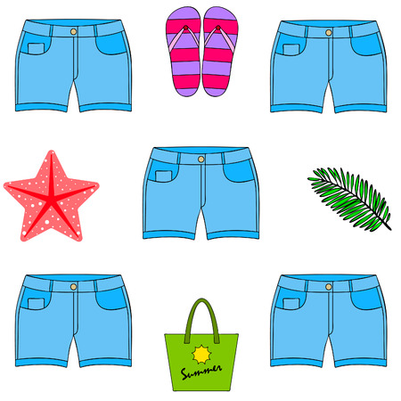 Summer vacation. Beach bag, slippers, shorts, starfish, tropical sheet. Vector backgroundのイラスト素材