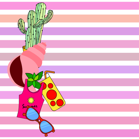 Summer card with cactus, sunglasses, seashell, cocktail, T-shirt. Vector background.のイラスト素材