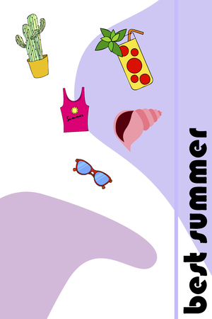 Summer card with cactus, sunglasses, seashell, cocktail, T-shirt. Vector background.のイラスト素材