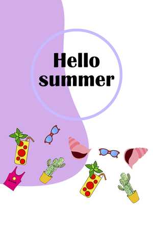 Summer card with cactus, sunglasses, seashell, cocktail, T-shirt. Vector background.のイラスト素材