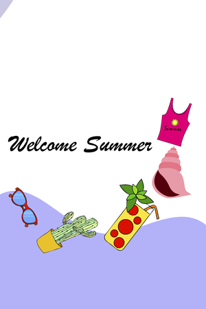 Summer card with cactus, sunglasses, seashell, cocktail, T-shirt. Vector background.のイラスト素材