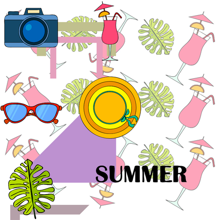 Summer postcard design. Sunglasses, camera, cocktail, leaf of a tropical plant, hat. Vector backgroundのイラスト素材