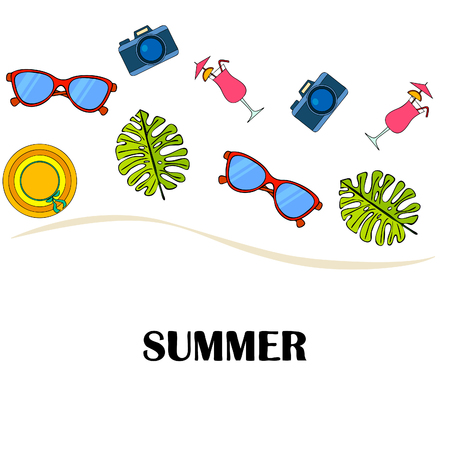 Summer postcard design. Sunglasses, camera, cocktail, leaf of a tropical plant, hat. Vector backgroundのイラスト素材