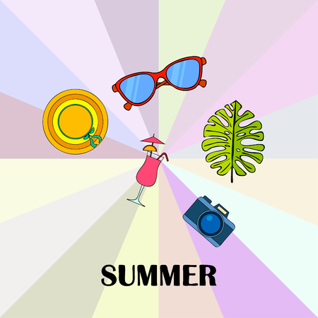 Summer postcard design. Sunglasses, camera, cocktail, leaf of a tropical plant, hat. Vector backgroundのイラスト素材