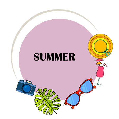 Summer postcard design. Sunglasses, camera, cocktail, leaf of a tropical plant, hat. Vector backgroundのイラスト素材
