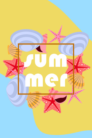 Underwater background. Cute colorful seashells and starfish. Summer design. Vector backgroundのイラスト素材