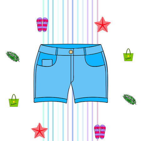 Summer vacation. Beach bag, slippers, shorts, starfish, tropical sheet. Vector backgroundのイラスト素材