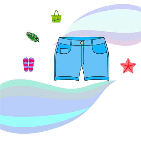 Summer vacation. Beach bag, slippers, shorts, starfish, tropical sheet. Vector backgroundのイラスト素材
