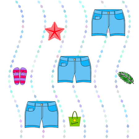 Summer vacation. Beach bag, slippers, shorts, starfish, tropical sheet. Vector backgroundのイラスト素材
