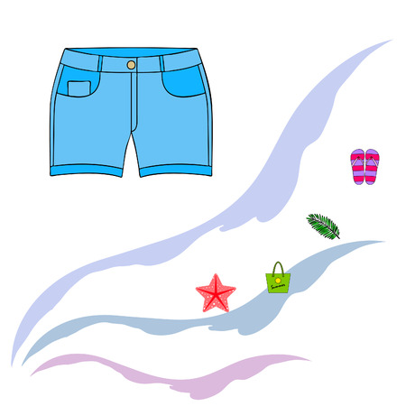 Summer vacation. Beach bag, slippers, shorts, starfish, tropical sheet. Vector backgroundのイラスト素材