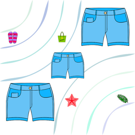 Summer vacation. Beach bag, slippers, shorts, starfish, tropical sheet. Vector backgroundのイラスト素材