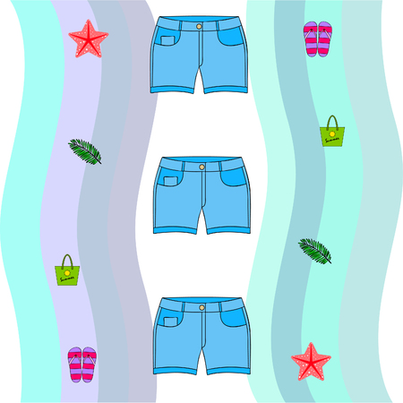 Summer vacation. Beach bag, slippers, shorts, starfish, tropical sheet. Vector backgroundのイラスト素材