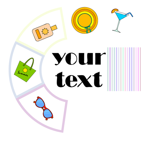 Beach vacation. Sunglasses, hat, beach bag, cocktail, sunscreen. Vector background.のイラスト素材