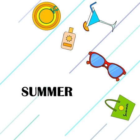 Beach vacation. Sunglasses, hat, beach bag, cocktail, sunscreen. Vector background.のイラスト素材