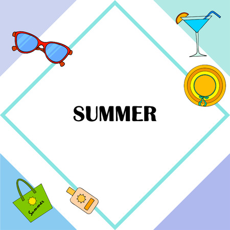 Beach vacation. Sunglasses, hat, beach bag, cocktail, sunscreen. Vector background.のイラスト素材