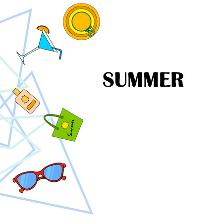 Beach vacation. Sunglasses, hat, beach bag, cocktail, sunscreen. Vector background.のイラスト素材
