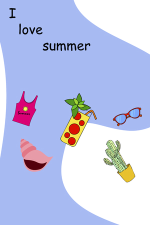 Summer card with cactus, sunglasses, seashell, cocktail, T-shirt. Vector background.のイラスト素材