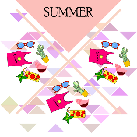 Summer card with cactus, sunglasses, seashell, cocktail, T-shirt. Vector background.のイラスト素材