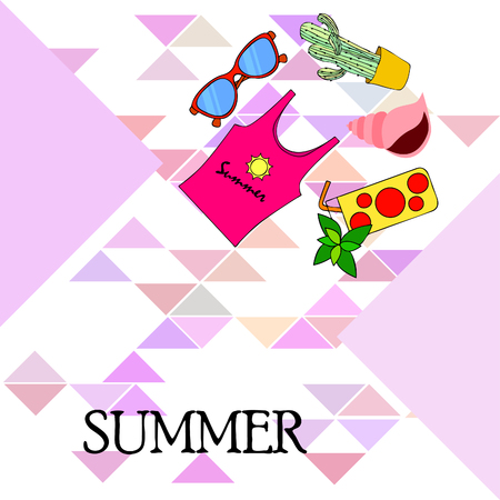 Summer card with cactus, sunglasses, seashell, cocktail, T-shirt. Vector background.のイラスト素材