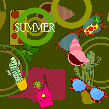 Summer card with cactus, sunglasses, seashell, cocktail, T-shirt. Vector background.のイラスト素材
