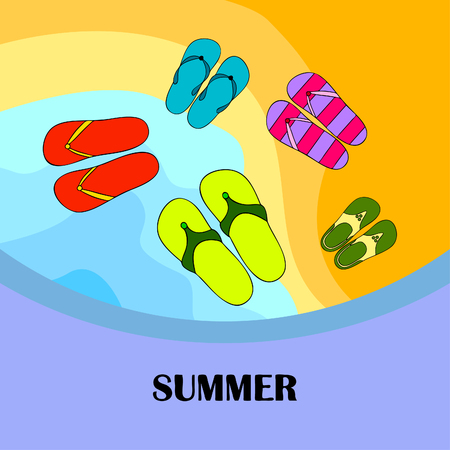 Vector set with cute and colorful summer slippers. Beach vacation. Vector background.のイラスト素材