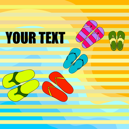 Vector set with cute and colorful summer slippers. Beach vacation. Vector background.のイラスト素材