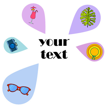 Summer postcard design. Sunglasses, camera, cocktail, leaf of a tropical plant, hat. Vector backgroundのイラスト素材