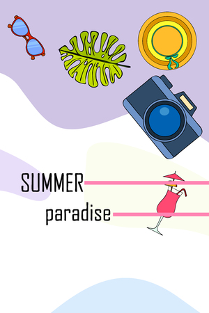 Summer postcard design. Sunglasses, camera, cocktail, leaf of a tropical plant, hat. Vector...