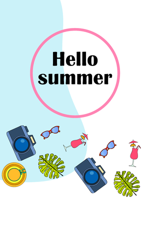 Summer postcard design. Sunglasses, camera, cocktail, leaf of a tropical plant, hat. Vector backgroundのイラスト素材