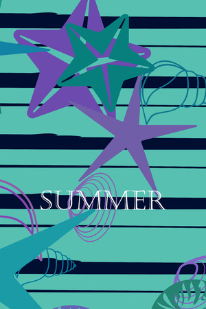 Underwater background. Cute colorful seashells and starfish. Summer design. Vector backgroundのイラスト素材