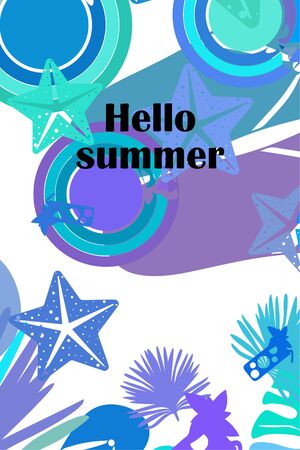 Vector illustration for summer sale. Top view on the summer decoration, hat, tropical sheet, starfish, flip flops. The concept of seasonal vacations in a tropical country.のイラスト素材