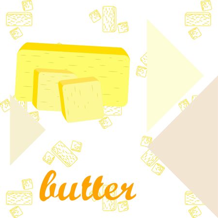 Vector yellow stick of butter. Slices of margarine or spread, fatty natural dairy product. High-calorie food for cooking and eating.のイラスト素材