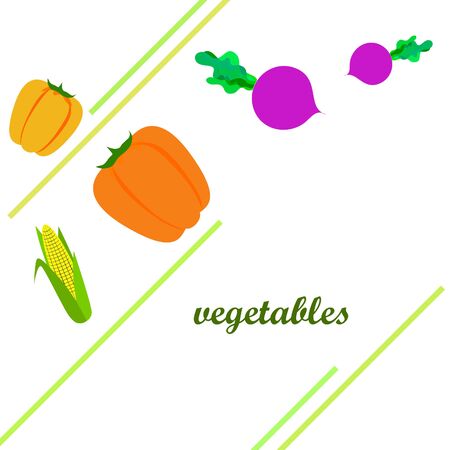 Fresh vegetables. Pepper, beet, corn. Organic food poster. Farmer market design. Vector.のイラスト素材