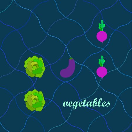 Cabbage, eggplant, beets, fresh vegetables. Organic food poster. Farmer market design. Vector background.のイラスト素材