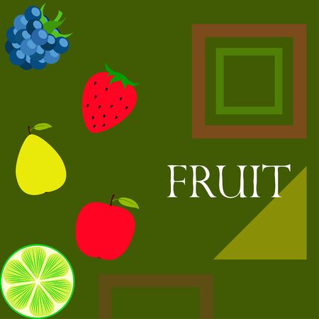 Fruits and berries. Colorful cartoon fruit icons: apple, pear, blackberry, strawberry, lime. Vector background.のイラスト素材