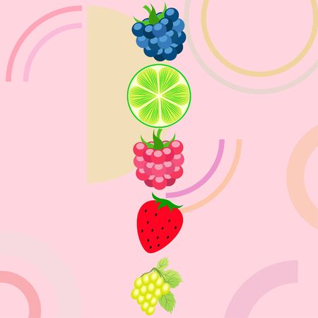 Fruits and berries. Colorful cartoon fruit icons: blackberry, raspberry, grape, strawberr, lime. Vector background.のイラスト素材