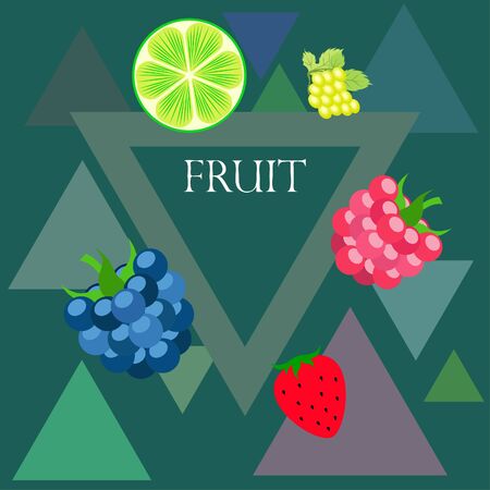 Fruits and berries. Colorful cartoon fruit icons: blackberry, raspberry, grape, strawberr, lime. Vector background.のイラスト素材